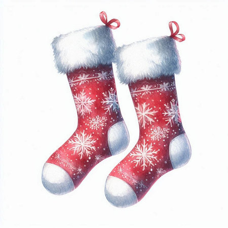 Christmas socks with snowflakes on a white background. Watercolor illustrationの素材