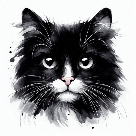 Black and white cat portrait. Ink and watercolor drawing. Vector illustration.の素材