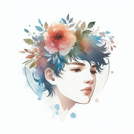 Watercolor portrait of a beautiful girl with flowers in her hair.の素材