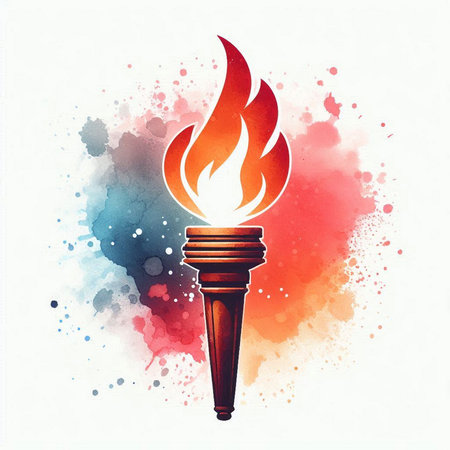 Watercolor illustration of a burning torch on a multicolored backgroundの素材