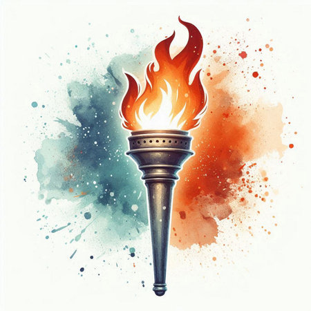 Watercolor painting of a burning torch on watercolor background. Vector illustration.の素材