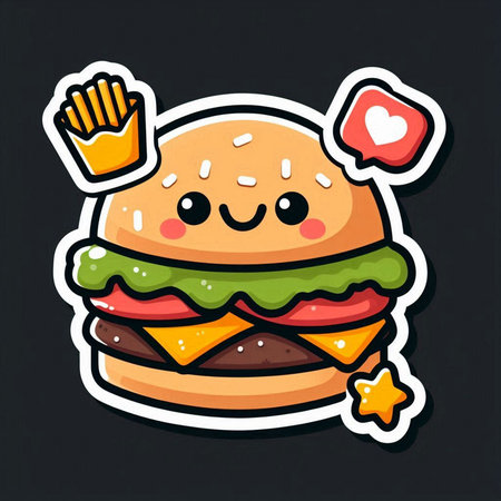 Cute cartoon hamburger. Vector illustration. Isolated on black background.の素材