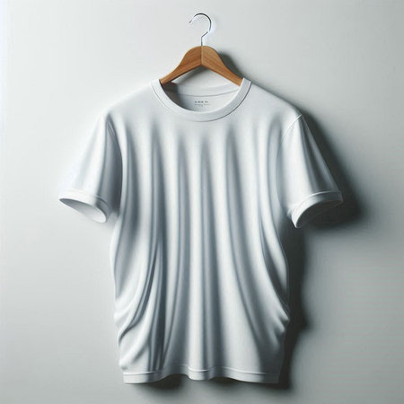 Blank white t-shirt on wooden hanger on gray wallの素材