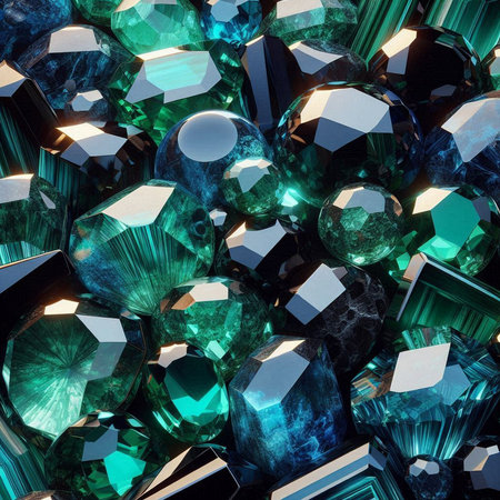 3d rendering of a group of blue and green gemstones.の素材