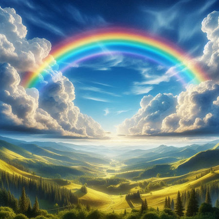colorful rainbow in the sky over the mountain valley. fantastic fantasy landscapeの素材