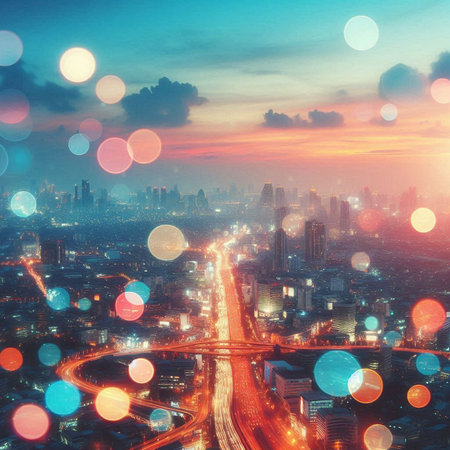 night cityscape with crossroads and roads, bokeh effectの素材