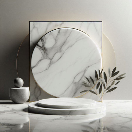 3d render of white marble podium with gold frame. Mock up for designの素材