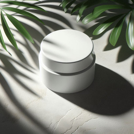 Mockup of a white cosmetic jar on a background of palm leavesの素材