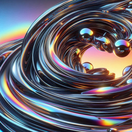 3d rendering of abstract metallic background with waves and lighting effects.の素材