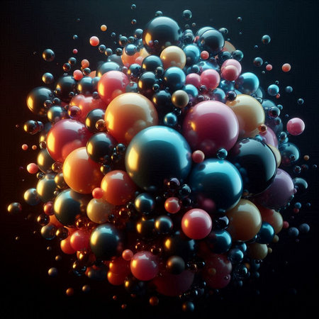 3d rendering of multicolor balls in abstract shape on black backgroundの素材