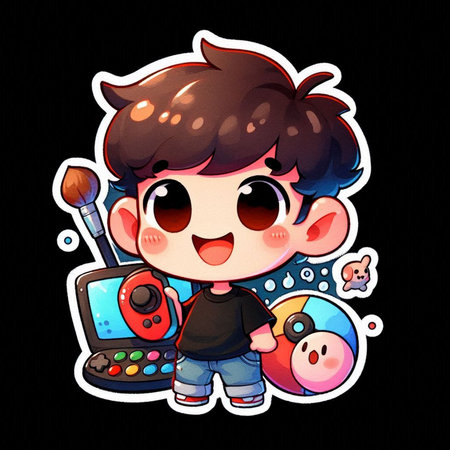 cartoon boy with computer and set of objects on a black backgroundの素材