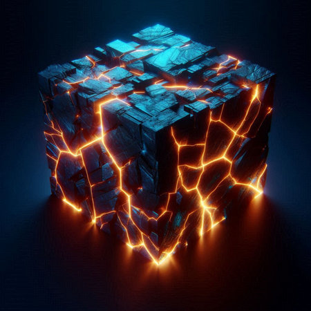 3d rendering of a cube with neon lights on it. Isolated on black background.の素材