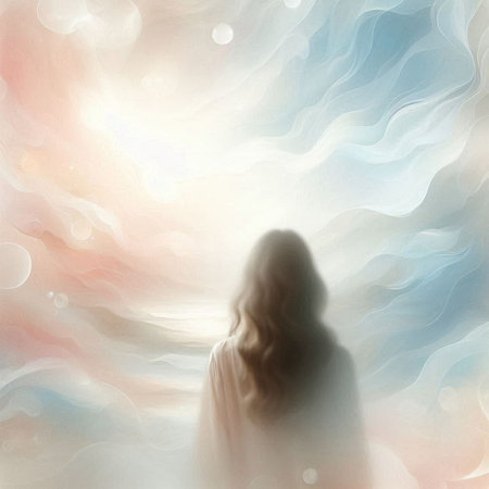 Digital painting of a young woman with long hair looking at the horizonの素材