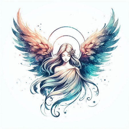 Angel with wings. Hand drawn vector illustration. Tattoo design.の素材
