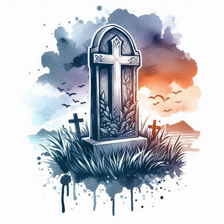 Watercolor illustration of a tombstone with a cross in the grass.の素材