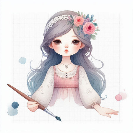 Cute watercolor illustration of a little girl with long hair and a paintbrushの素材