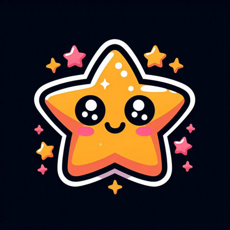 Cute kawaii star character. Vector illustration isolated on black background.の素材