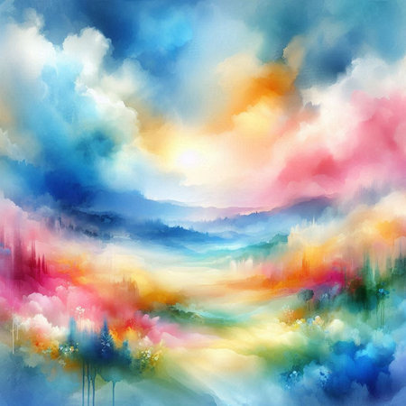 Abstract watercolor painting of a landscape with mountains and clouds. Vector illustration.の素材