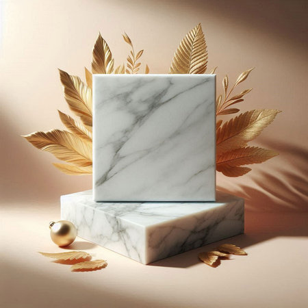 White marble podium with golden leaves on a beige background. 3d renderの素材
