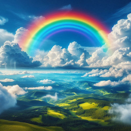 colorful rainbow over mountain meadow under blue sky with white cloudsの素材