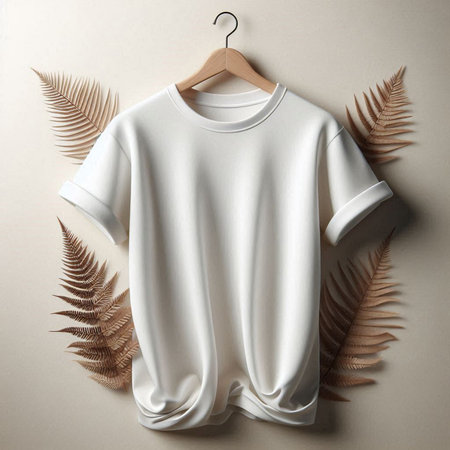 Blank white t-shirt mockup on hanger, top viewの素材