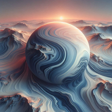 3D rendering of a fantasy planet in a surreal landscape with mountains.の素材