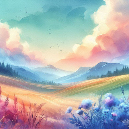 Beautiful summer landscape. Watercolor painting on canvas. Hand drawn illustrationの素材