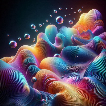 Abstract colorful background with dynamic waves and bubbles. 3d illustration.の素材