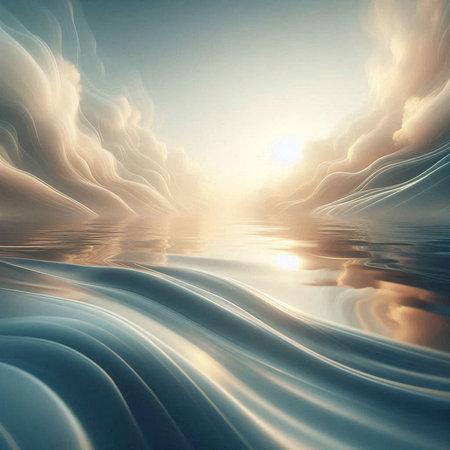 abstract scene of the sea with waves and sun in the skyの素材