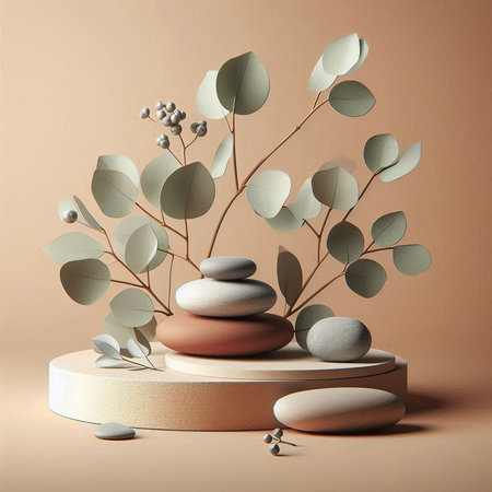 3d render of podium for product display with eucalyptus branches and leavesの素材