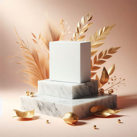 3d render of white podium for product presentation with golden leaves.の素材