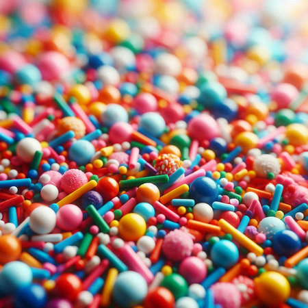 Colorful sprinkles background. Closeup of colorful sprinkles.の素材