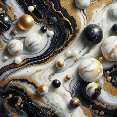 Marble texture with gold and black pearls. 3d illustrationの素材