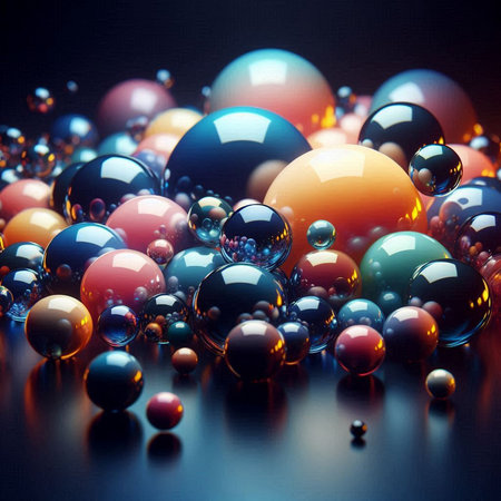 3d illustration of colorful glass balls on black background, abstract backgroundの素材