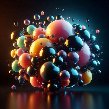 3d rendering of multicolored spheres on a dark background.の素材