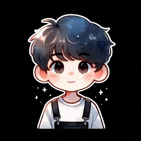 cute boy cartoon character on black background. Watercolor illustration.の素材
