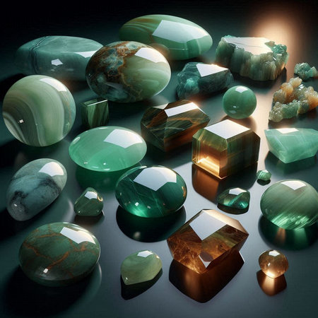 Emeralds, semiprecious stones on a dark backgroundの素材