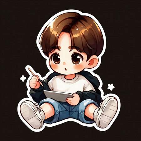 Cute boy with tablet pc in his hand. Vector illustration.の素材