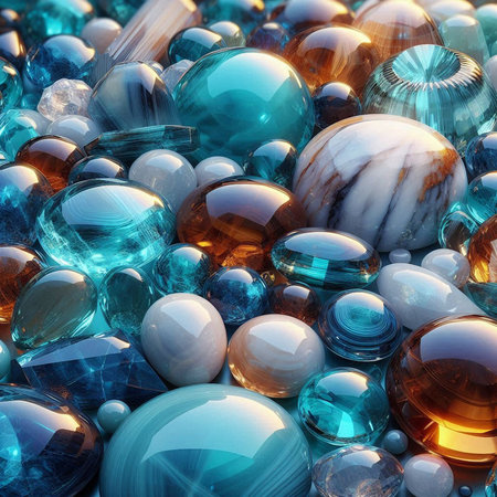 3d render of a lot of colorful glass beads in a pileの素材