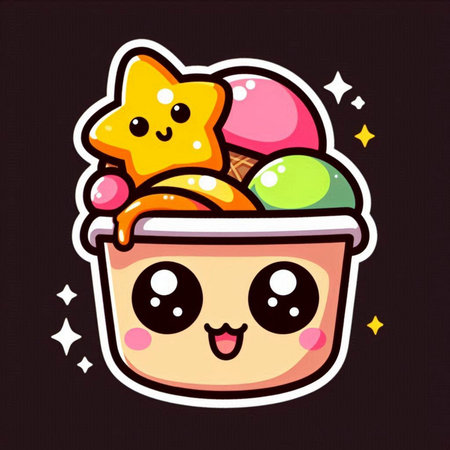 Cute kawaii ice cream in bowl. Vector illustration.の素材