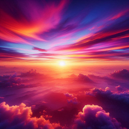Beautiful sunset above the clouds. Colorful sky. Nature backgroundの素材