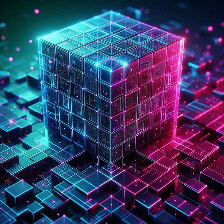 3d render, abstract background with wireframe cube in blue and pink colorsの素材
