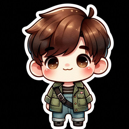Illustration of a Cute Little Boy with Brown Hair and Green Jacketの素材
