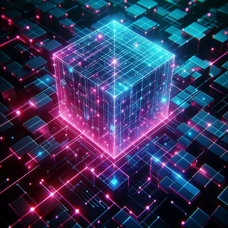Abstract 3d rendering of cube with glowing lights. Futuristic background.の素材