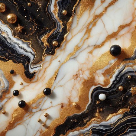 Luxury gold and black marble texture background with pearls.の素材