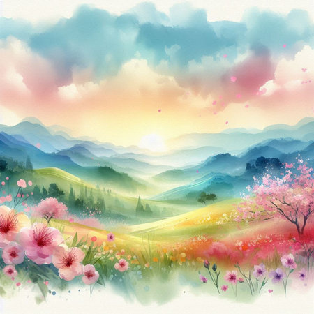 Watercolor landscape with blooming flowers and mountains. Hand drawn illustrationの素材
