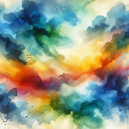 Abstract watercolor background. Blue, orange, yellow, green colors.の素材