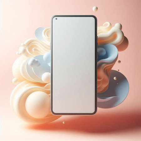 Mockup of a modern smartphone with a white screen on a pink backgroundの素材