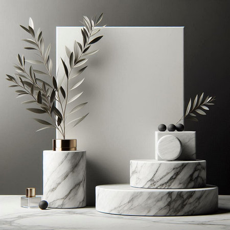 3d render, abstract geometric composition, minimal style, modern design, black and white marble podiumsの素材