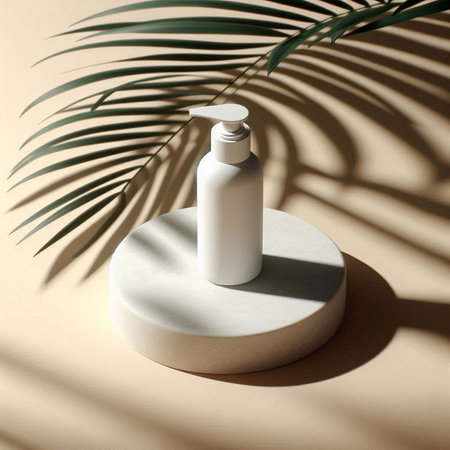 Mockup of cosmetic bottle on white podium with palm leaf shadow.の素材